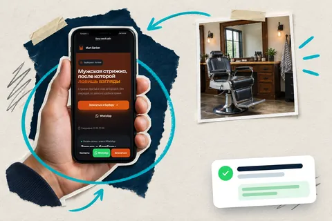 Коллаж: телефон с концептом сайта барбершопа и сообщение в WhatsApp